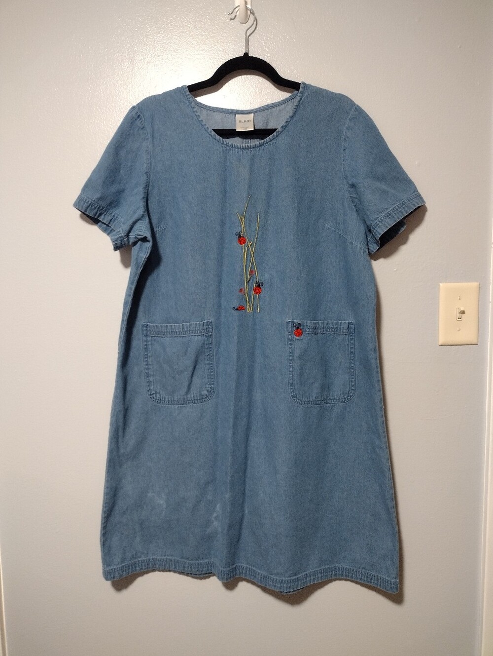 VINTAGE embroidered ladybug jean Denim shift dress BLAIR